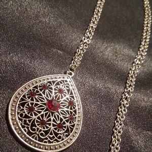 Long Silver and Red Crystal Pendant Necklace 38 In Long.